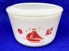 Vintage McKee Milk Glass With Red Sail Boat  Round 4” Refrigerator Dish  Lid
