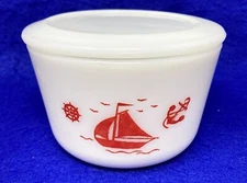Vintage McKee Milk Glass With Red Sail Boat  Round 4” Refrigerator Dish  Lid