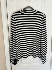 LOFT Women  s Blue White Striped Knit Pullover Sweater Mock Neck Long Sleeve L