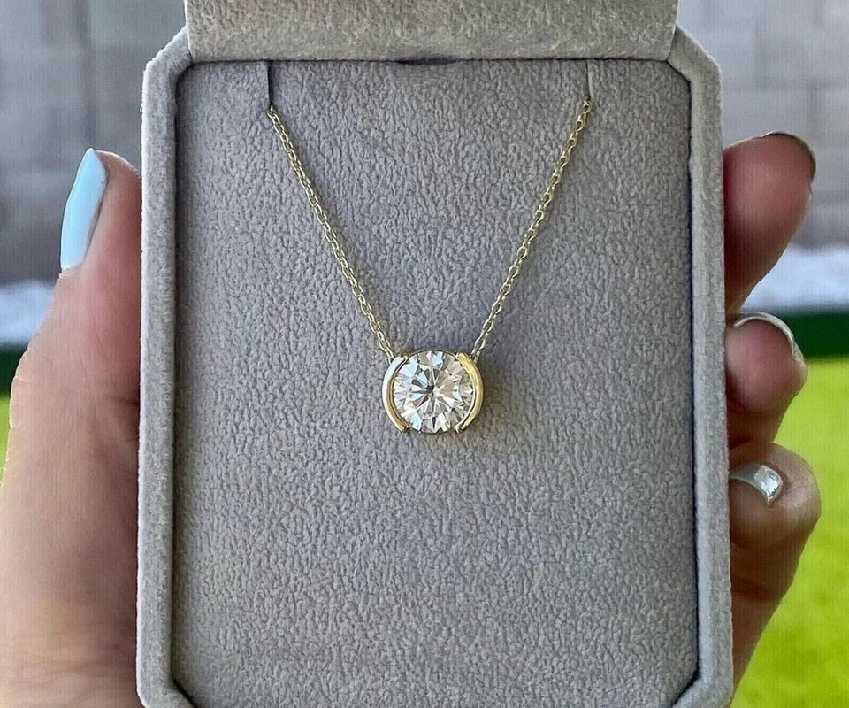 1 Ct EF-VS1 Lab Grown Diamond Half Bezel Solitaire Pendant 14K Gold Plated Chain