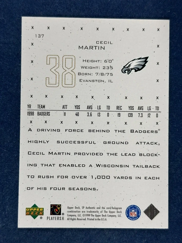 1999 SP Authentic Excitement #137 Cecil Martin Eagles /250 - Image 2 of 2