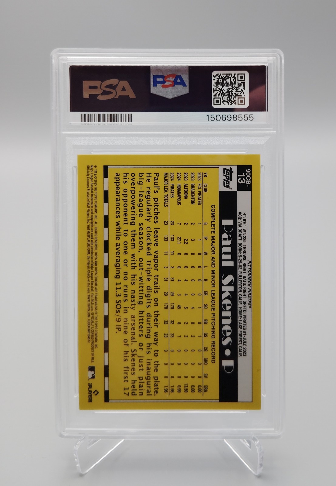 2025 Topps Chrome Paul Skenes 1990 Gold Refractor /50 PSA 9 Pirates view 2