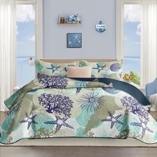 3 Piece Coastal Quilt Sets King Size - Reversible Microfiber Quilts with 2 Sh...
