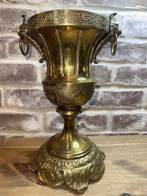 Neo Classical Engraved Brass Footed Urn Antique Ram Head Handles acanthus leaves