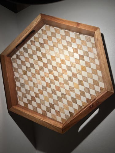 Handmade Wooden Hexagon Tray Bone Inlay Geometric Design – Made in India - Picture 5 of 21