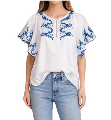 J.Crew White Cotton Blue Embroidered Ruffle Sleeve Blouse Top Pom Pom Size Small
