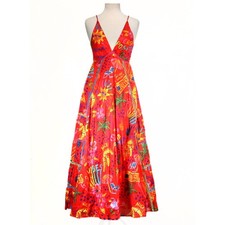 Farm Rio Maxi Dress Good Vibes Womens S Red Graphic Tiered Cotton Babydoll Beach