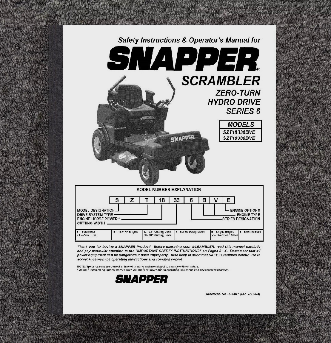 ZERO TURN HRYDO MOWER OPERATOR INSTRUCTION MAINT MANUAL SNAPPER