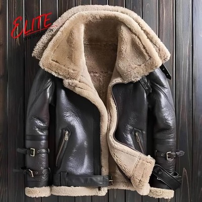 Mens RAF Aviator B3 Bomber Jacket - Real Sheepskin Double Collar Flying Jacket