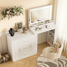 Makeup Vanity Desk Vanity Table with Mirror, Lights, 3 Drawers, 2 Cabinets White