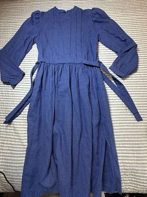 Kiki Bloom Paris Blue Long Sleeve Midi Dress Womens 12 Polka Dot Tie Waist