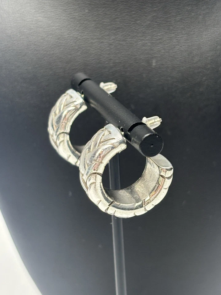 Sterling Silver Hoop Earrings Ribbed Braided Woven 1” Chunky Statement - Image 4 of 4