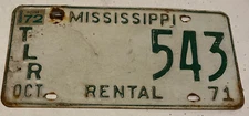 Vintage 1971 Mississippi License Plate TLR  543  Rental