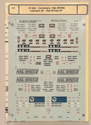 MICROSCALE HO DECAL-ITEL/BN-ITEL/INTERDOM 48  & RAIL-BRIDGE 45  CONTAINER 87-634