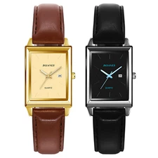 Men Women Square Dial Date Wristwatches Quartz Leather Band Analog Sports Watch