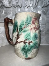 Antique Majolica Jug Or Small Pitcher, Creamer French Ivy & Pink Flowers French