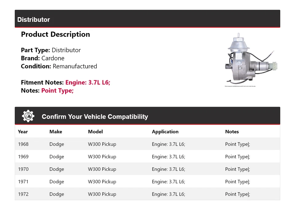 Para Dodge W300 1968-1972 camioneta 3,7 L L6 distribuidor Cardone 1969 1970 1971 Foto 2 de 4