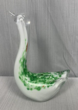 Glass Swan Figurine Long Neck Paperweight, 6" tall White and Green