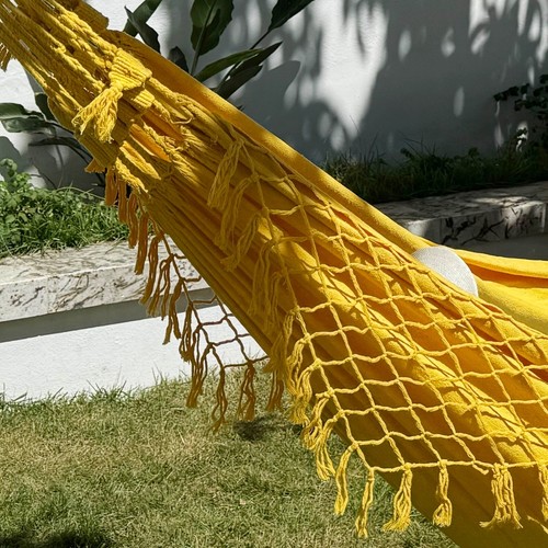 Storm Flowers Garden Small Mustard Yellow Cotton Hammock with Fringing - Picture 5 of 5