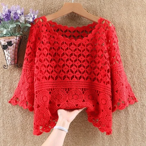 Women's Crochet Crop Top Hollow Pullover Summer concealer- - Bild 24 von 35