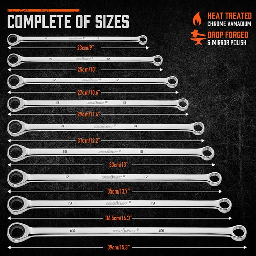 9Pcs Extra Long Double Ring Cr-V Ratchet Spanner Set 72 Tooth 8-22MM Metric Tool - Picture 3 of 9