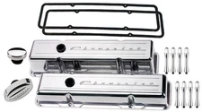 BILLET SPECIALTIES POLISHED SHORT VALVE COVERS,CHEVROLET SCRIPT,BREATHER,ACN,SBC