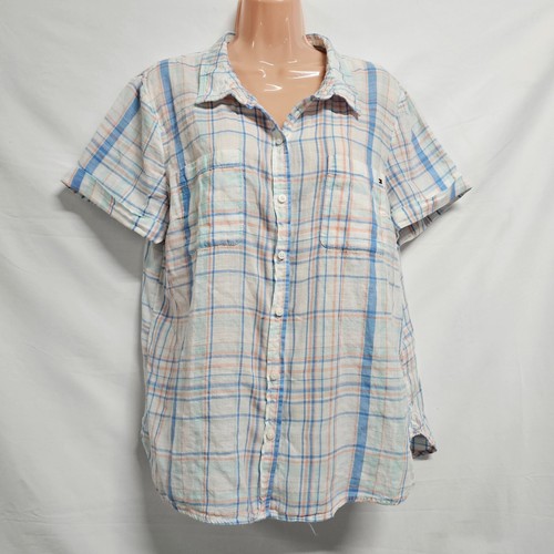 Tommy Hilfiger Women Top Blouse Shirt Size XL Plaid Cotton Button Up Collared