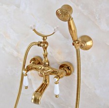 Gold Color Brass Wall Mounted Clawfoot Bath Tub Faucet w/ Handheld Shower Zna910
