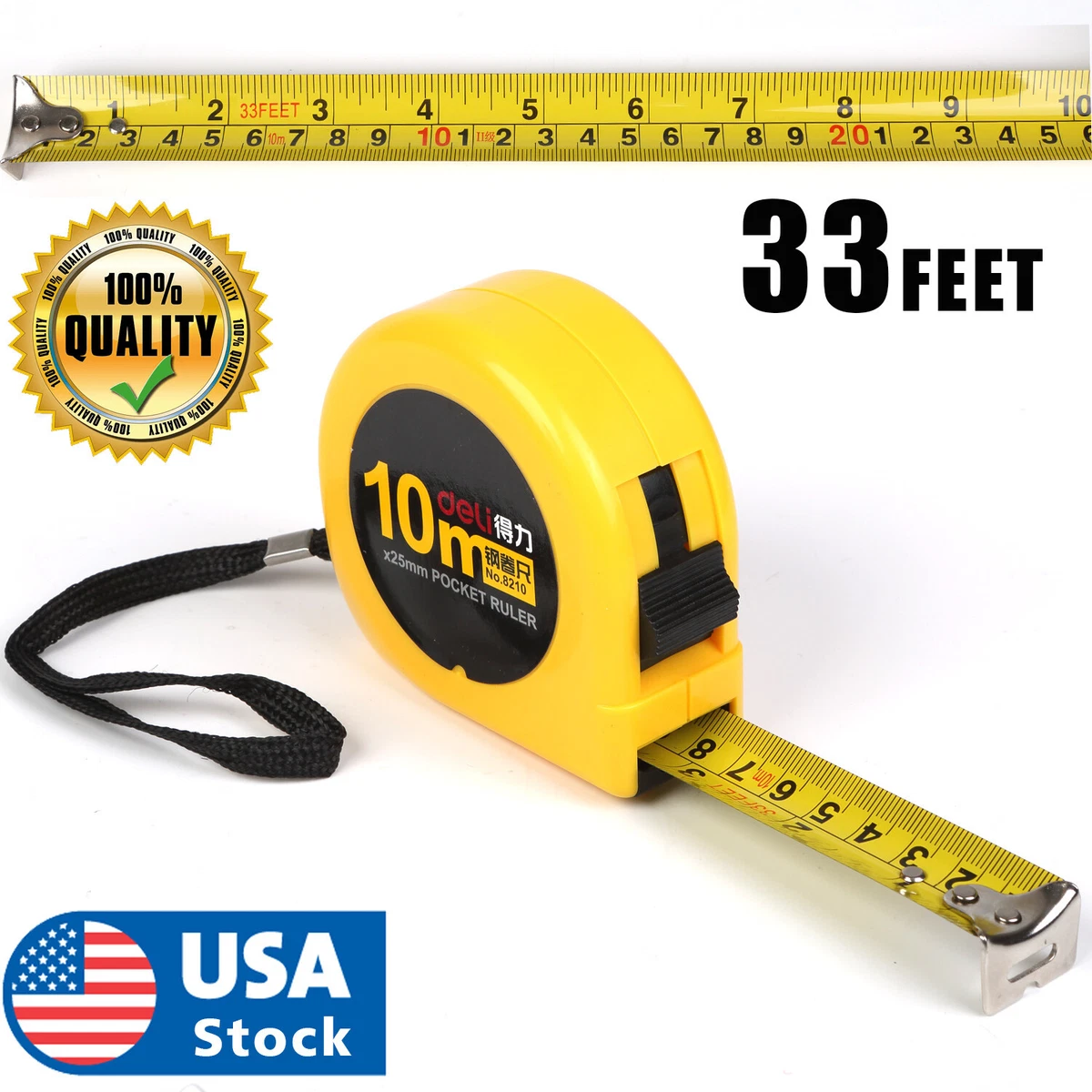 10M 33FEET Retractable Tape Measure Griplock Imperial Metric Measuring  Metres