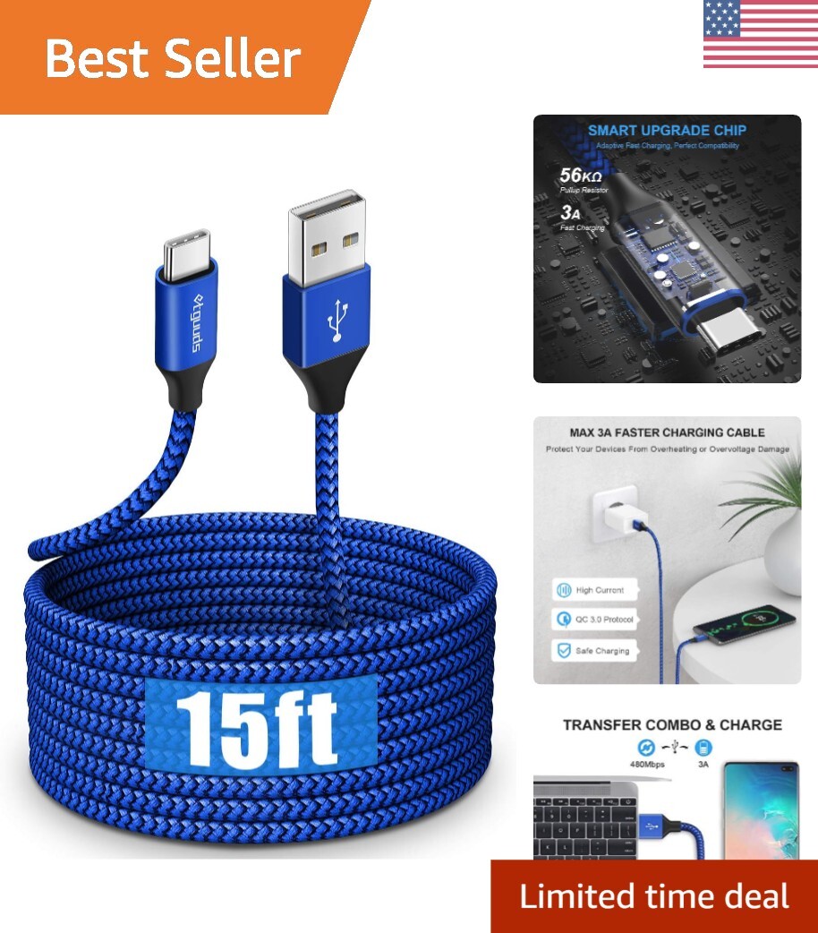 15ft USB C Cable Fast Charging Data Sync Durable Nylon Braided Extra Long