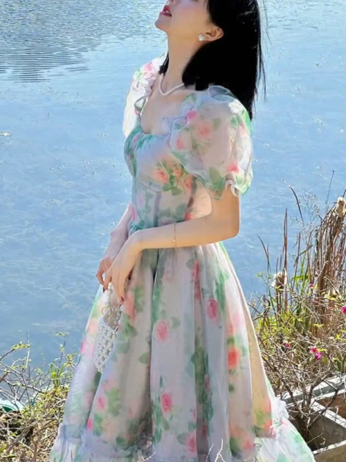 Elegant Casual Party Fairy Dress Women French Vintage Floral Midi