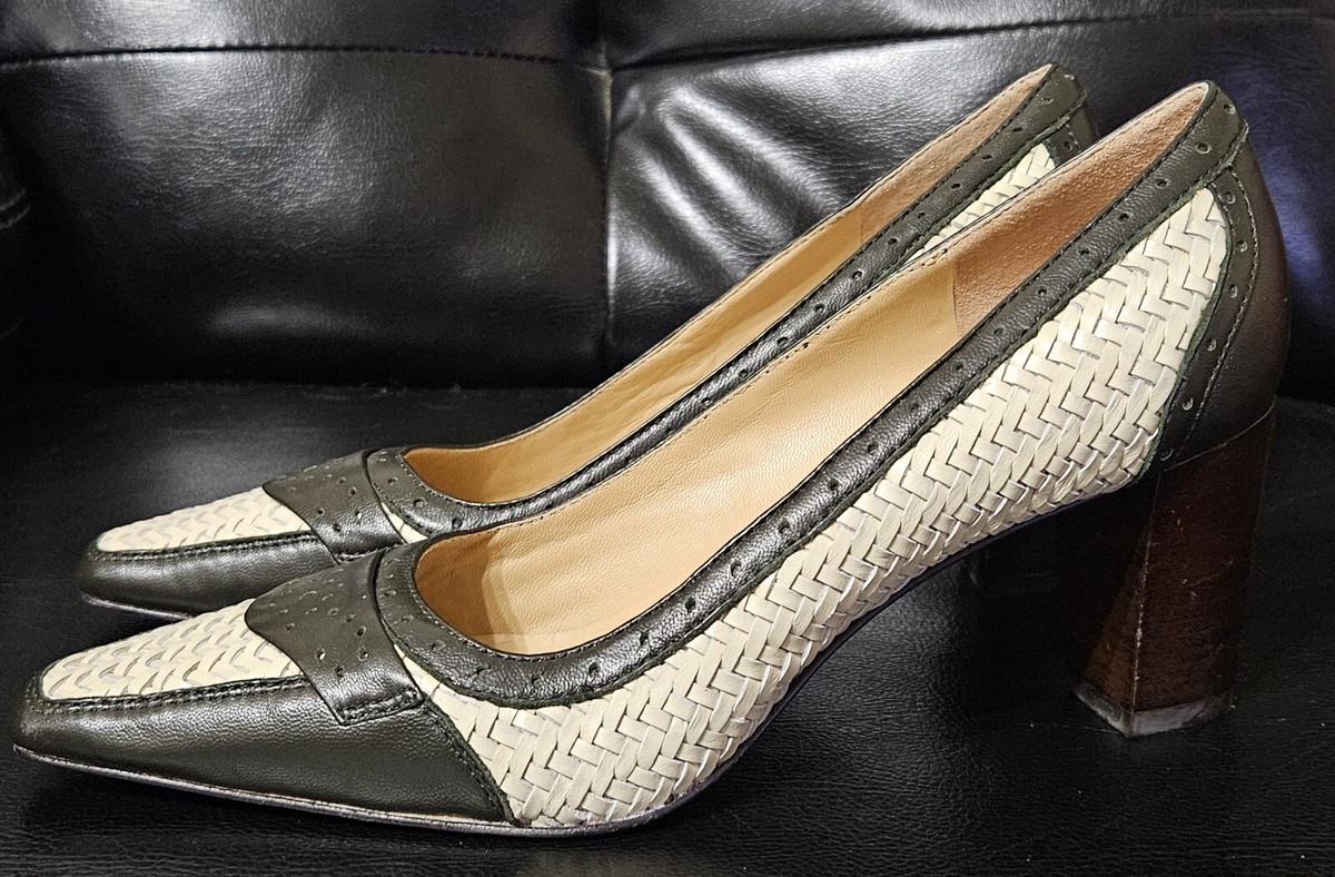 Michael Kors Woven Leather Platform Heels Black Beige Sz 6M