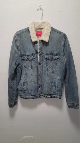 Guess Denim Trucker Jacket Blue Sherpa Lined  Wash Retro Size Medium