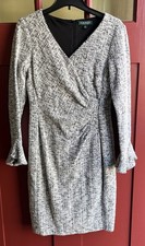 Lauren by Ralph Lauren Surplice Midi Dress Lined Black White Ruffle Tweed Sz 12