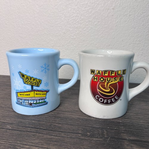 WAFFLE HOUSE Coffee Mug Heavy Ceramic Tuxton 2023 Christmas Blue Lot of 2 4742