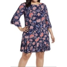 Eliza J Bell Sleeve Scoop Back Navy Blue Floral Sheath Dress Size 14W