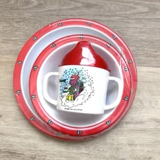 Vintage Barney Baby Bop Plate Bowl Sippy Cup Set 1993 Christmas Sled Santa Hat