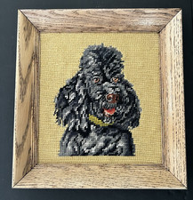 Framed Black Poodle Needlepoint Art Handmade Dog Portrait Rustic Wood Oak Frame