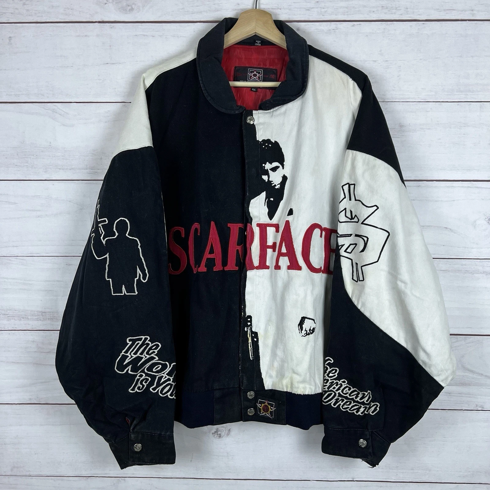 Vintage JH Designs Denim Scarface Jacket Size 4XL Jeff Hamilton Black Red White