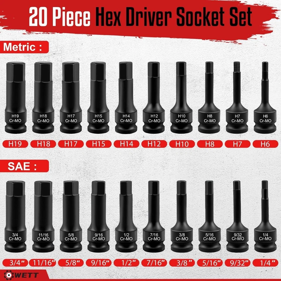1/2" Drive Master Impact Hex Bit Set, 20 Piece Hex Driver Socket Set, Allen Bit - Image 2 of 4