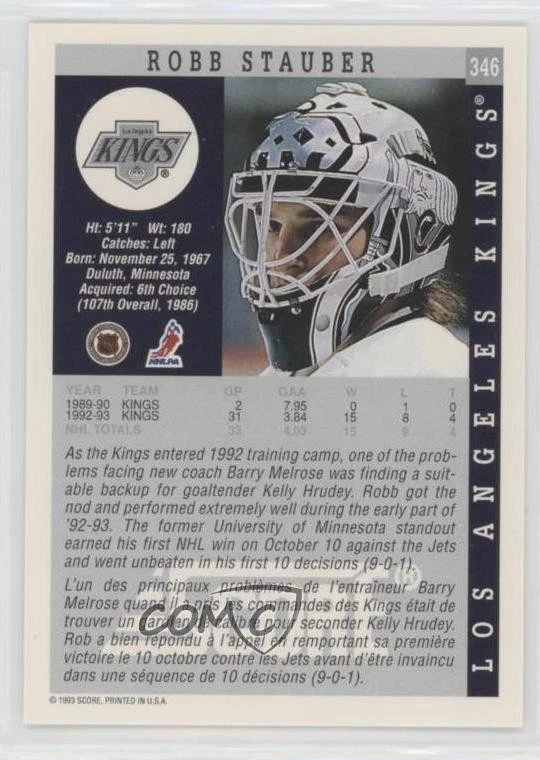 1993-94 Score Canadian Robb Stauber #346 - Image 2 of 2
