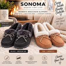 Sonoma Women's Hard Sole Moccasin Slippers Faux Fur Lined Black M and Tan L NWT