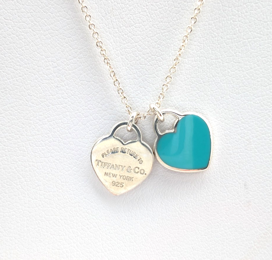 Tiffany & Co Sterling Silver 925 Blue Enamel Double Heart Necklace