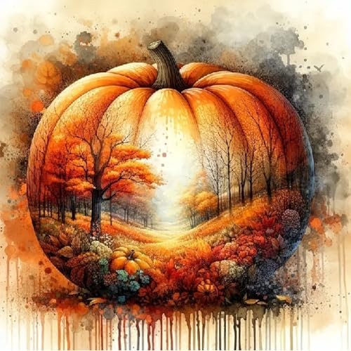 Kürbis Diamond Painting Kits für Erwachsene, 5D DIY Vollbohrer Herbst Wald