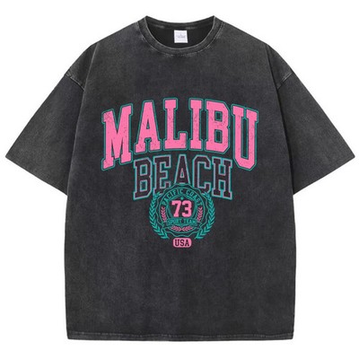 Malibu Beach Acid Washed Graphic Cotton Streetwear Surf Tee Y2K XS-2XL 7 Colors
