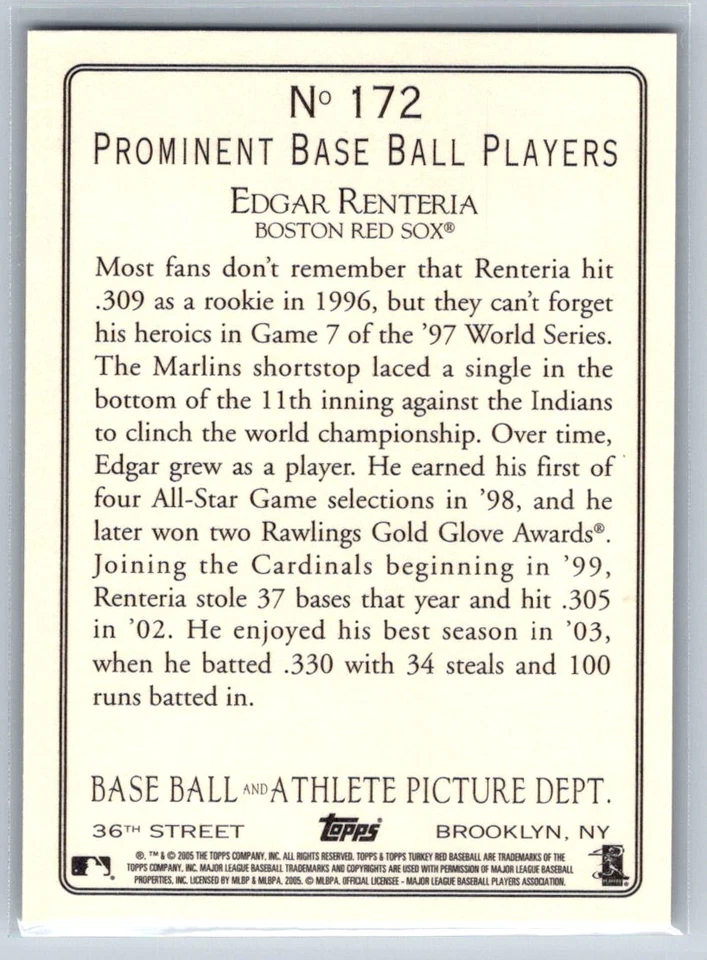 Edgar Renteria 2006 Topps Turkey Red Boston Red Sox #172 - Image 2 of 2