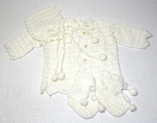 Vintage 1970 Handmade Crochet Baby Set Bonnet, Jacket  Booties with Pom-Poms