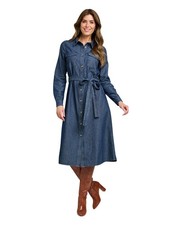 Womens Denim Midi Dress, Button-Through Long Sleeve Style with Detachable Belt