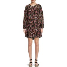 Time and Tru Long Sleeve Floral Ruffle Yoke Shift Dress Black Pink Size Large
