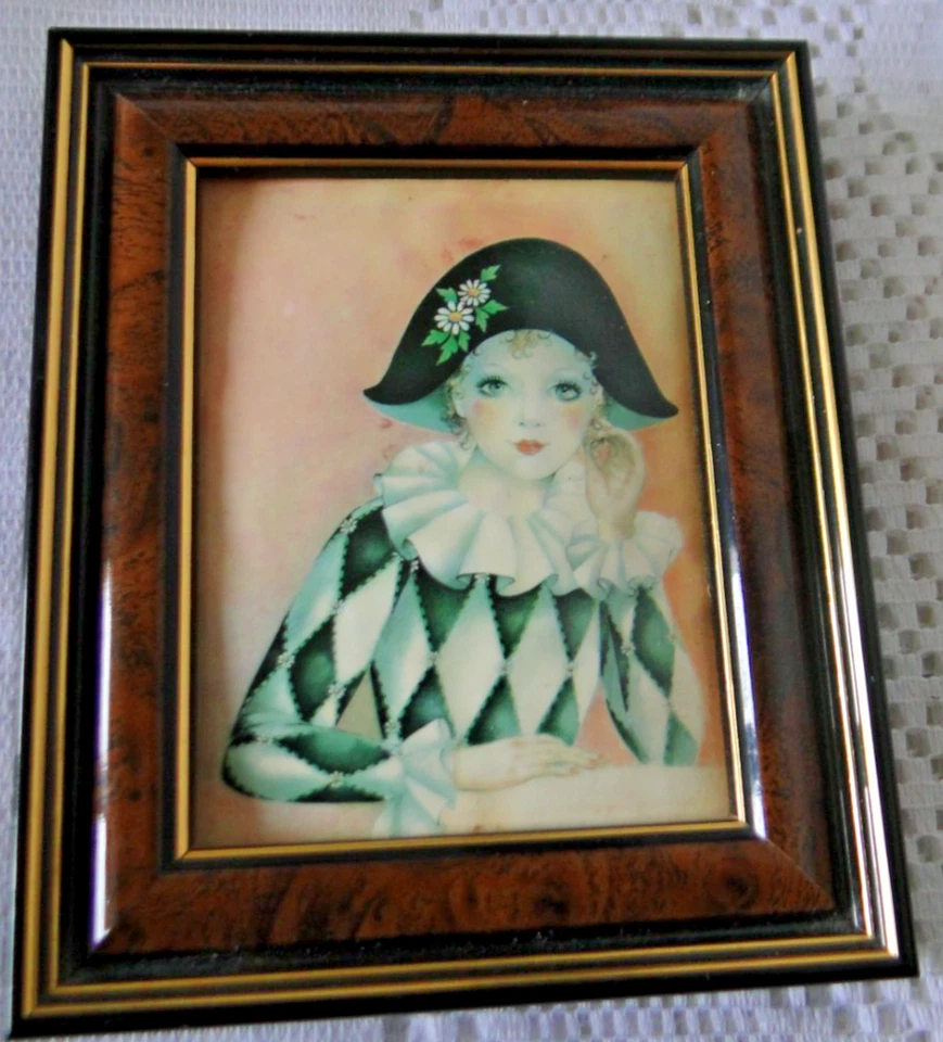 Peinture Miniature Portrait Femme arlequin émail encadré - Photo 1/4